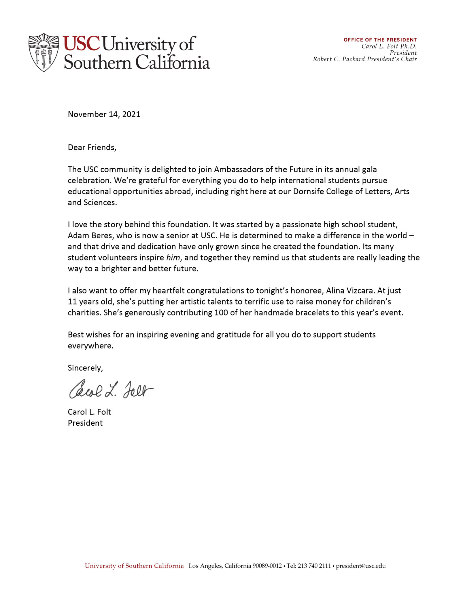 Ambassadors of the Future - 2021 gala letter - From USC President Carol Folt