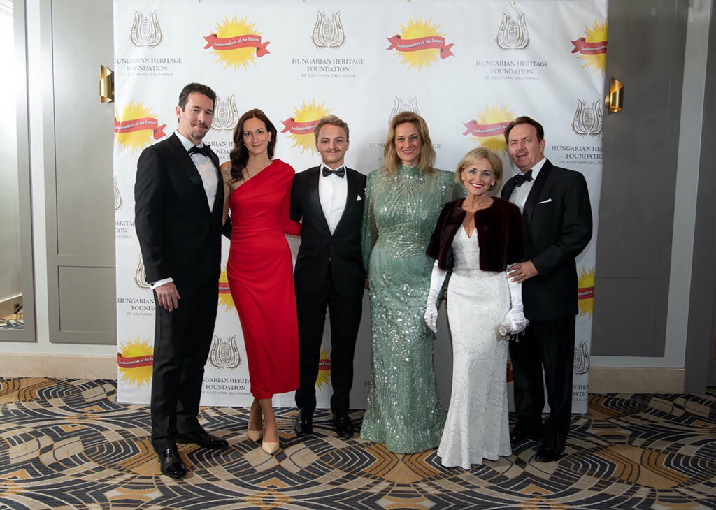 Left to Right: H.E. Istvan Grof & Kristina Grof, Consul General of Hungary to Los Angeles and wife, Adam Beres, President of Ambassadors of the Future, Timea Antal, President of Hungarian Heritage Foundation, Susan Pekarovics M.D., Gala Chair of Ambassadors of the Future, and Attila Beres PhD, Vice-President of Ambassadors of the Future