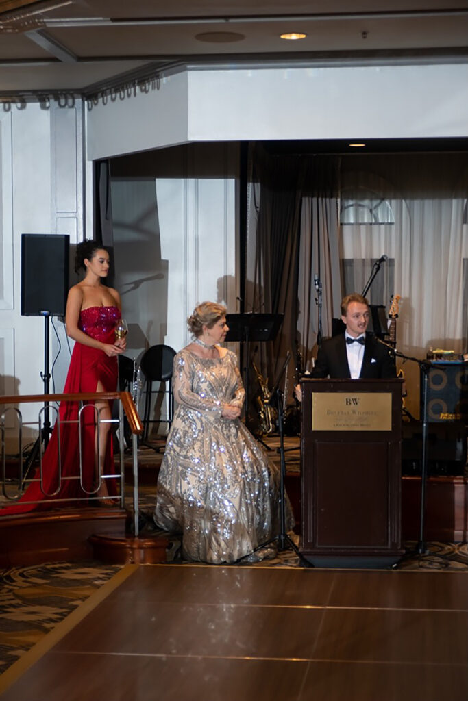 Adam Beres, President of the Ambassadors of the Future, Rosalie Von Wendt, MC Mazzy Eckel, Gala Assistant